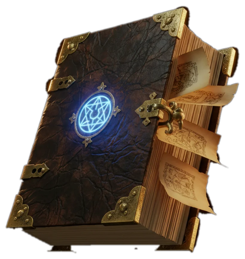 The Fantasy Name Grimoire: a floating spellbook with a glowing sigil
